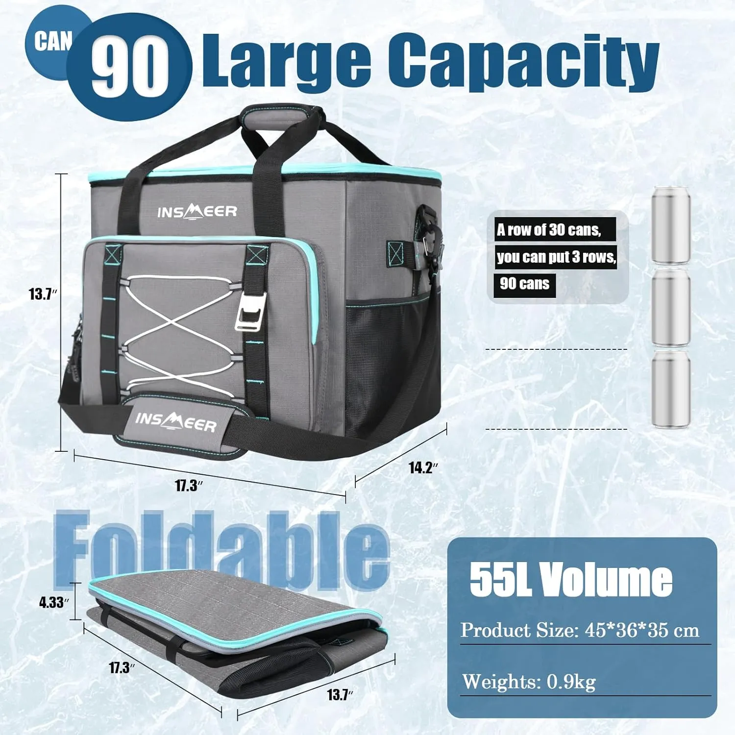 INSMEER Insulated Cooler Bag 90Cans/55L Large Cooler Bag Soft Sided Cooler with Shoulder Strap, Collapsible Coolers, Portable Leakproof Lunch Cooler for Camping/Beach/Food Delivery/Picnic