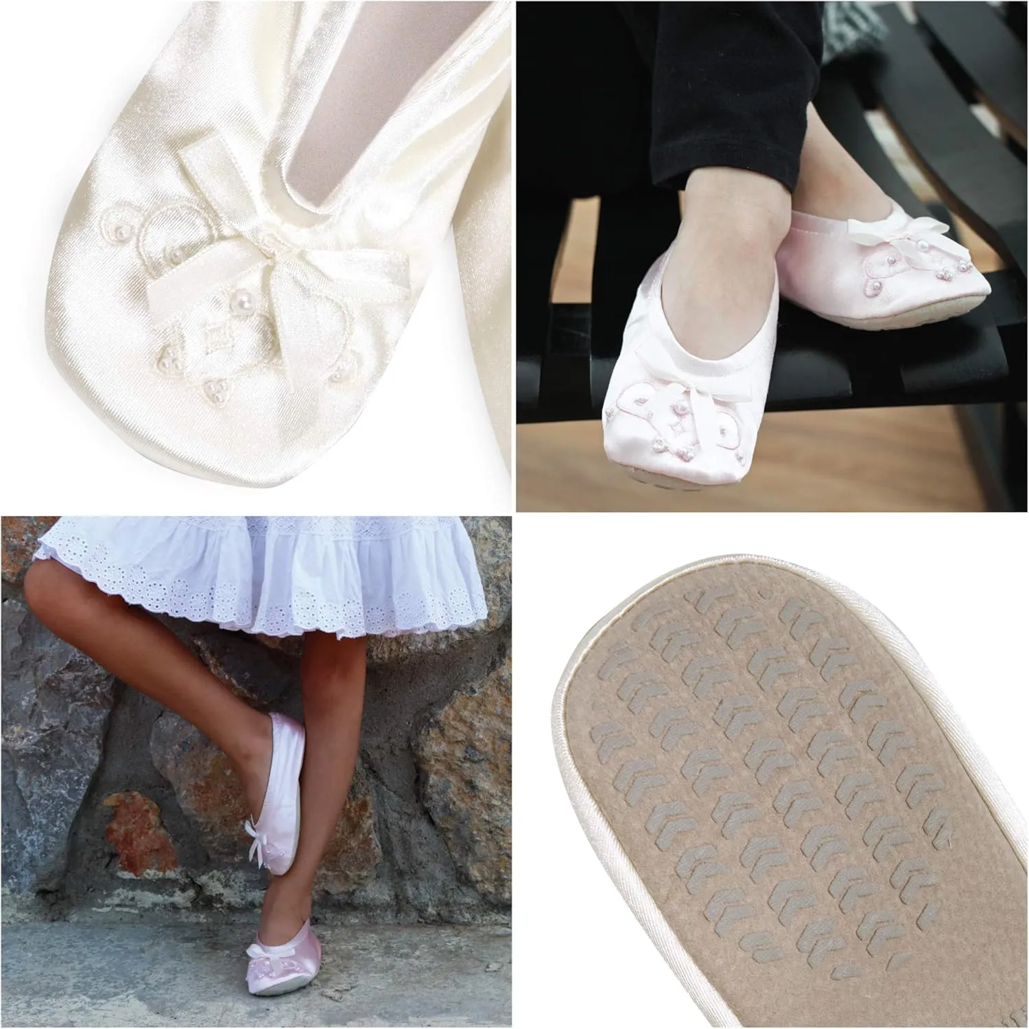 isotoner Girl's Satin Ballerina with Embroidered Pearl