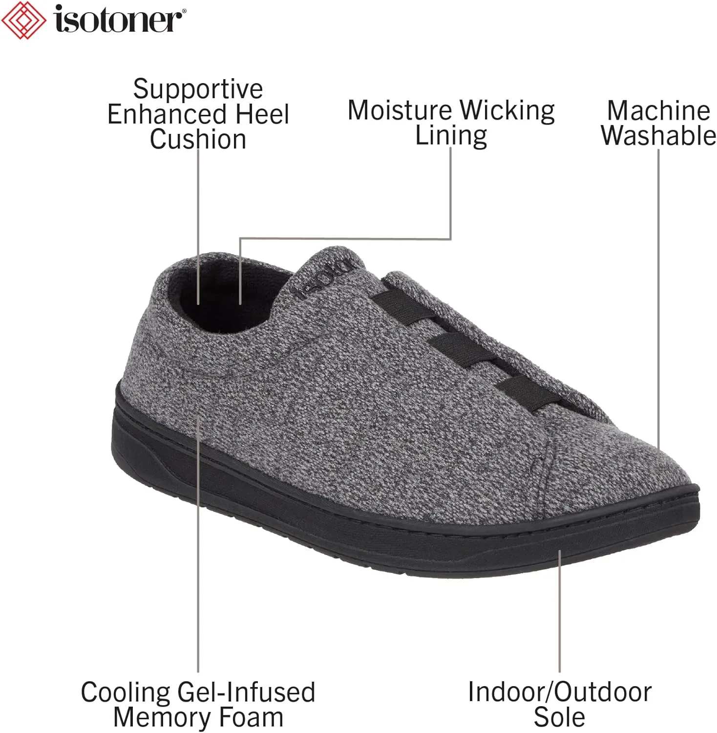 isotoner Men's Heathered Knit Brady Closed Back Slipper-Moisture-Wicking with Gel Infused Memory Foam