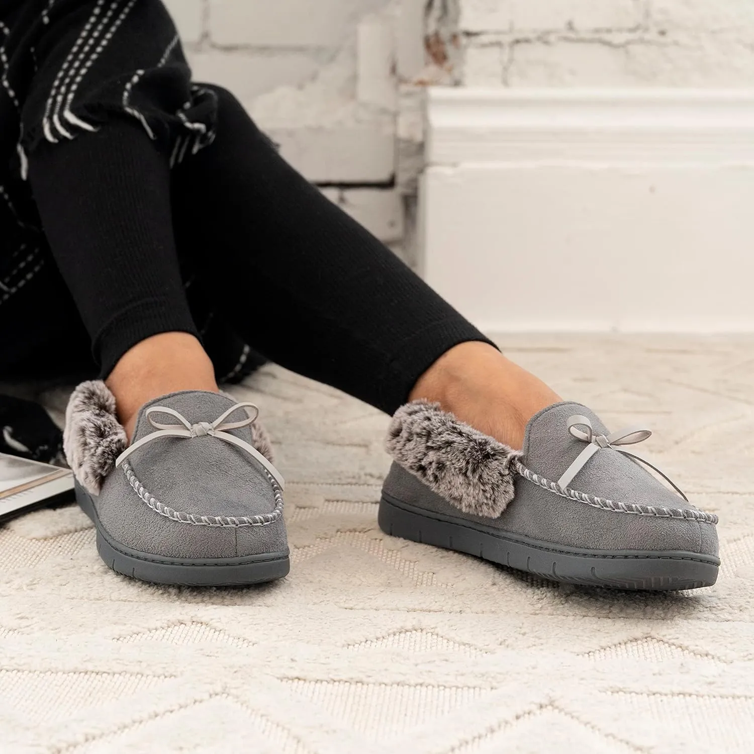 isotoner Women's Microsuede Moccasin Slippers Non-Slip, Indoor/Outdoor, Memory Foam, Machine Washable
