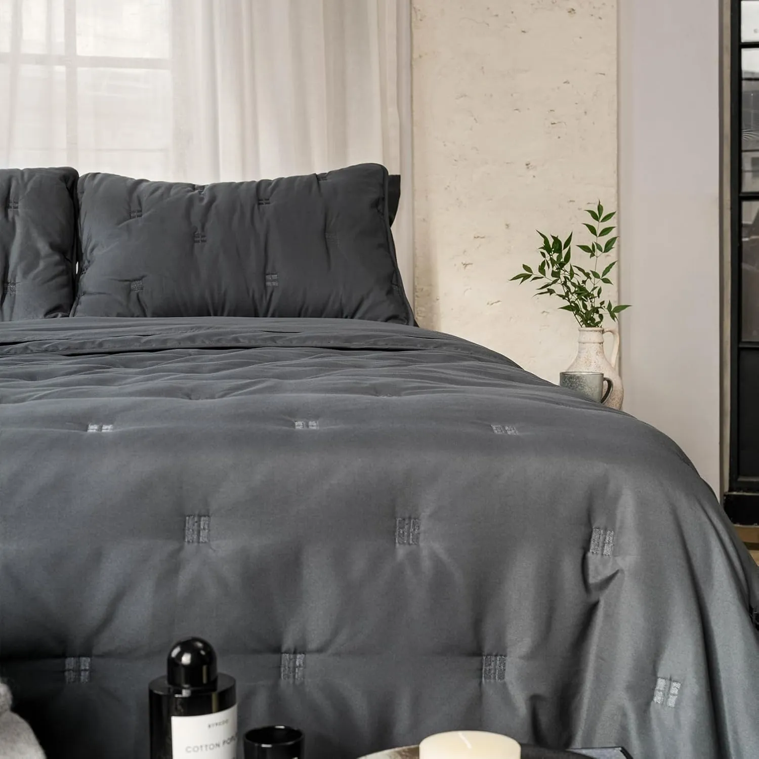 J'Chervianne Embroidery Queen Comforter Set - 7 Pieces Bed in a Bag Set, All Season Soft Bedding Sets with Comforter, Pillow Shams, Flat Sheet, Fitted Sheet and Pillowcases (Dark Grey, Queen)