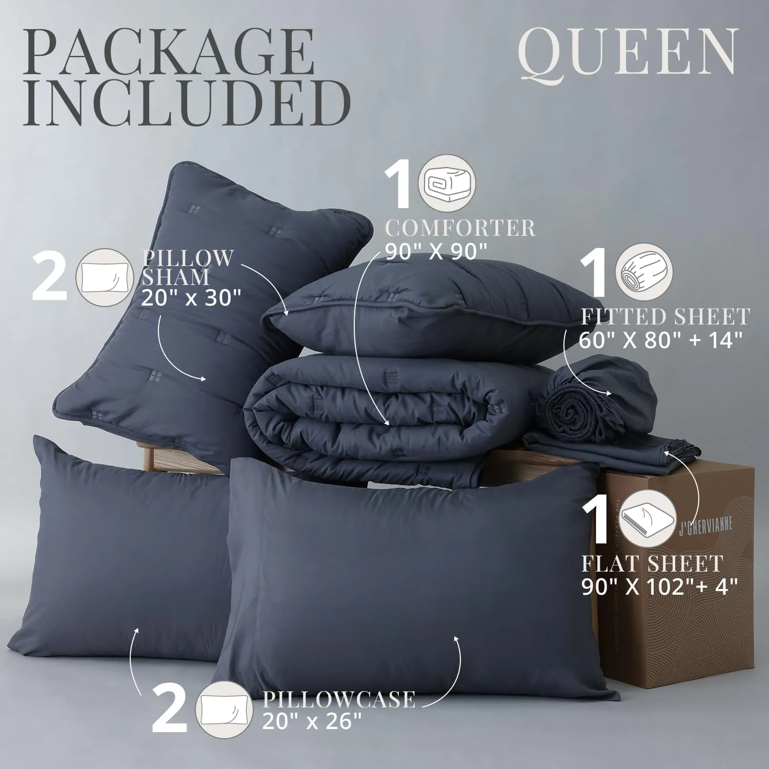 J'Chervianne Embroidery Queen Comforter Set - 7 Pieces Bed in a Bag Set, All Season Soft Bedding Sets with Comforter, Pillow Shams, Flat Sheet, Fitted Sheet and Pillowcases (Dark Grey, Queen)