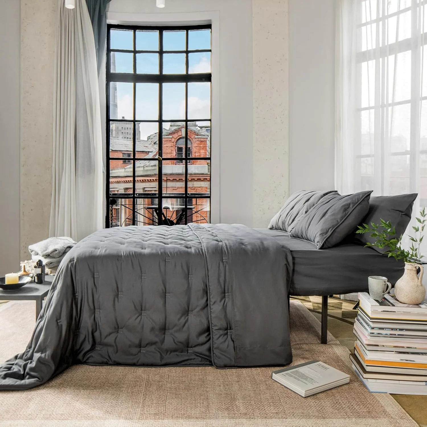 J'Chervianne Embroidery Queen Comforter Set - 7 Pieces Bed in a Bag Set, All Season Soft Bedding Sets with Comforter, Pillow Shams, Flat Sheet, Fitted Sheet and Pillowcases (Dark Grey, Queen)