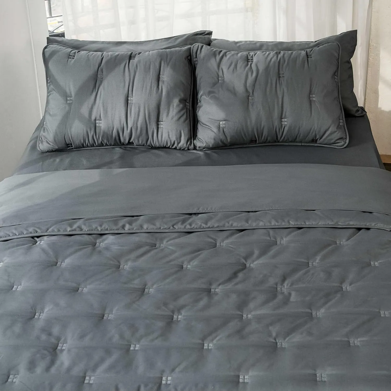 J'Chervianne Embroidery Queen Comforter Set - 7 Pieces Bed in a Bag Set, All Season Soft Bedding Sets with Comforter, Pillow Shams, Flat Sheet, Fitted Sheet and Pillowcases (Dark Grey, Queen)