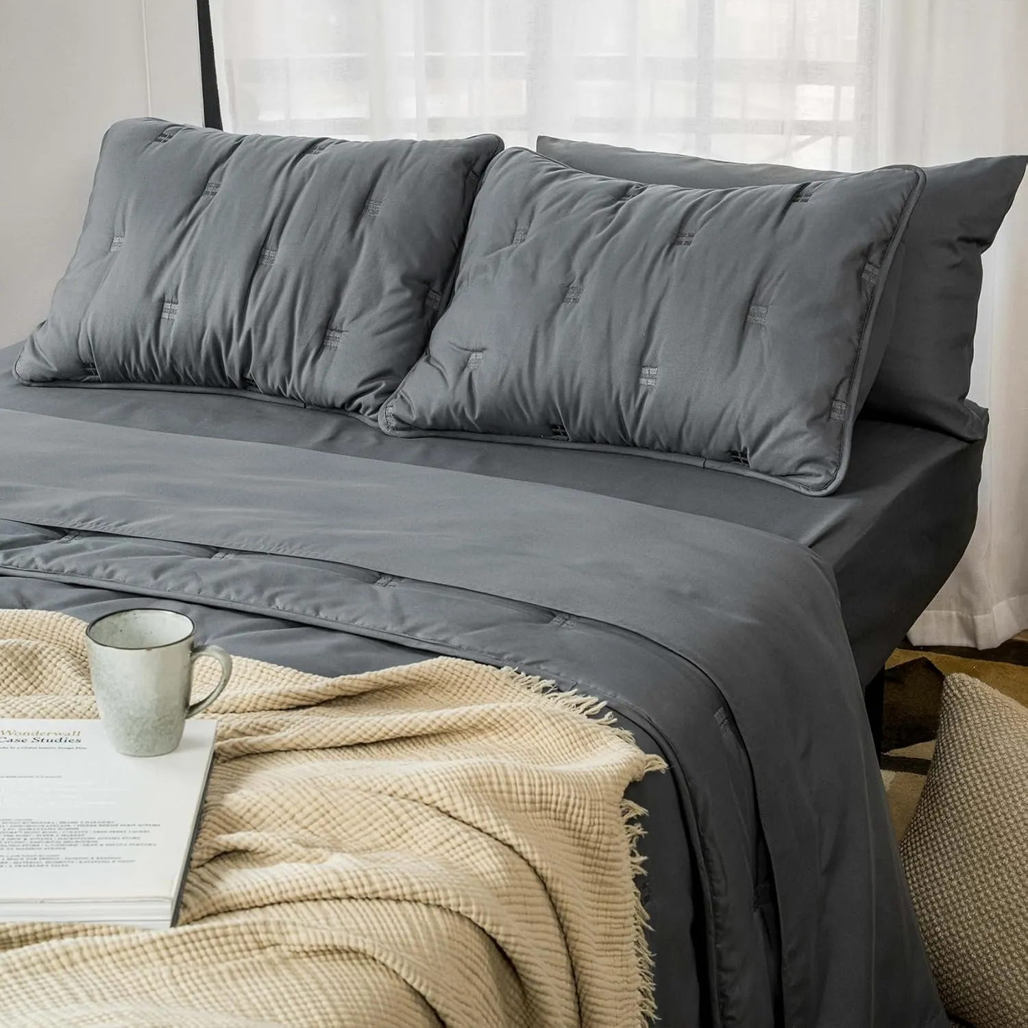 J'Chervianne Embroidery Queen Comforter Set - 7 Pieces Bed in a Bag Set, All Season Soft Bedding Sets with Comforter, Pillow Shams, Flat Sheet, Fitted Sheet and Pillowcases (Dark Grey, Queen)