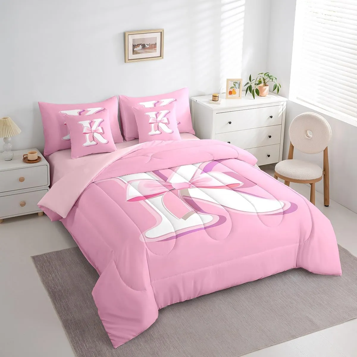 jejeloiu Pink Bowknot Bed Set, Queen Size, Decor Gifts for Women Teen Girl Ultra Soft Initial Letter K 7 Pieces Beeding Set, Girly Romantic Bed in a Bag with Comforter, Sheets, Pillowcases