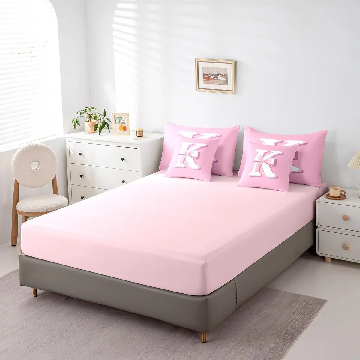 jejeloiu Pink Bowknot Bed Set, Queen Size, Decor Gifts for Women Teen Girl Ultra Soft Initial Letter K 7 Pieces Beeding Set, Girly Romantic Bed in a Bag with Comforter, Sheets, Pillowcases