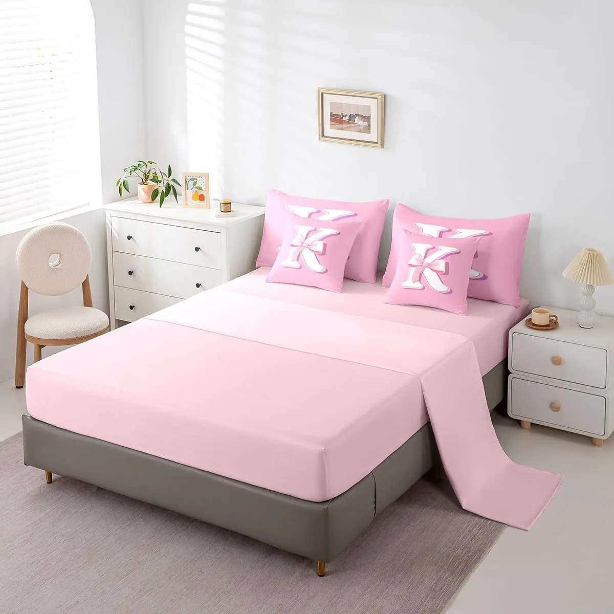 jejeloiu Pink Bowknot Bed Set, Queen Size, Decor Gifts for Women Teen Girl Ultra Soft Initial Letter K 7 Pieces Beeding Set, Girly Romantic Bed in a Bag with Comforter, Sheets, Pillowcases