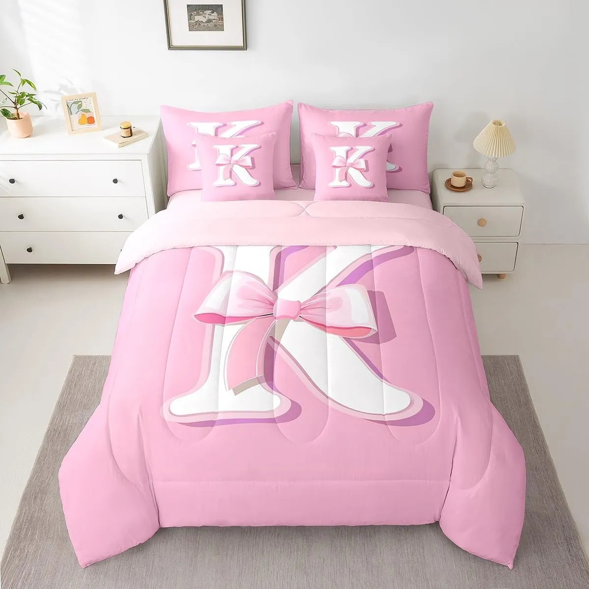 jejeloiu Pink Bowknot Bed Set, Queen Size, Decor Gifts for Women Teen Girl Ultra Soft Initial Letter K 7 Pieces Beeding Set, Girly Romantic Bed in a Bag with Comforter, Sheets, Pillowcases