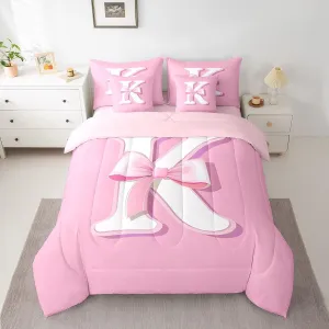 jejeloiu Pink Bowknot Bed Set, Queen Size, Decor Gifts for Women Teen Girl Ultra Soft Initial Letter K 7 Pieces Beeding Set, Girly Romantic Bed in a Bag with Comforter, Sheets, Pillowcases