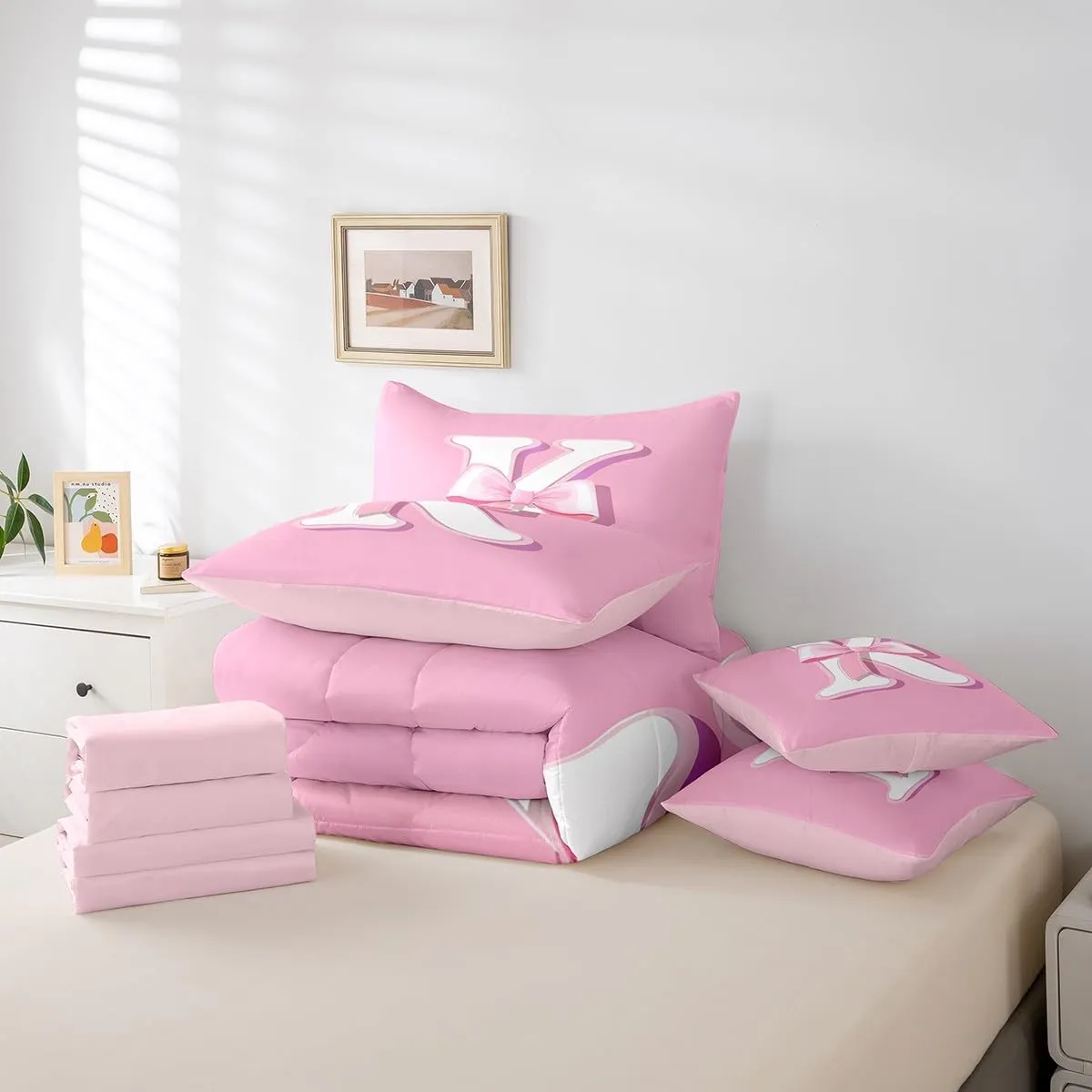 jejeloiu Pink Bowknot Bed Set, Queen Size, Decor Gifts for Women Teen Girl Ultra Soft Initial Letter K 7 Pieces Beeding Set, Girly Romantic Bed in a Bag with Comforter, Sheets, Pillowcases