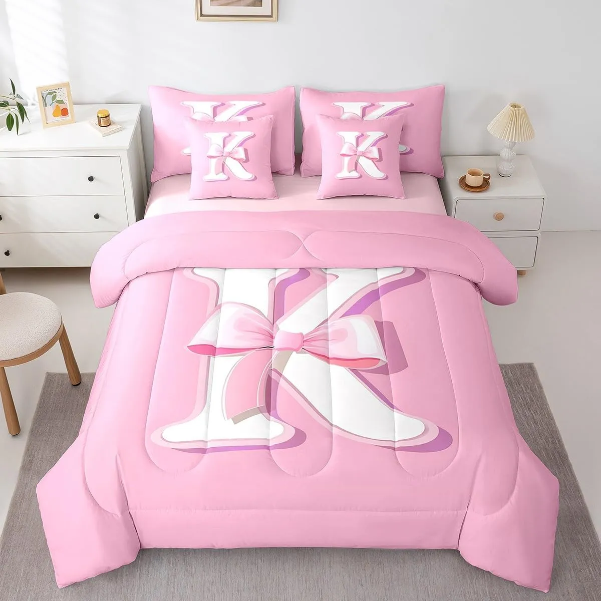 jejeloiu Pink Bowknot Bed Set, Queen Size, Decor Gifts for Women Teen Girl Ultra Soft Initial Letter K 7 Pieces Beeding Set, Girly Romantic Bed in a Bag with Comforter, Sheets, Pillowcases