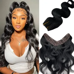 Jet Black Human Hair Extensions - 3/4 Full Head Body Wave Double Weft 14 Inch One Piece Clip in V Shape Invisible Hairpiece - Seamless Curly Extension