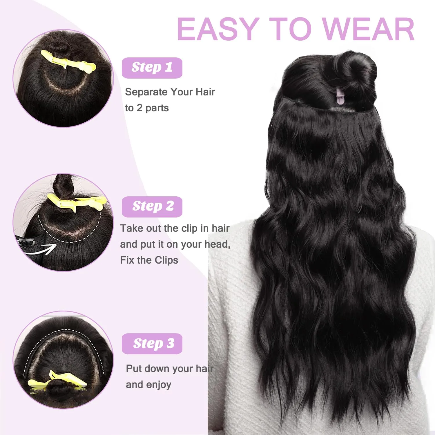 Jet Black Human Hair Extensions - 3/4 Full Head Body Wave Double Weft 14 Inch One Piece Clip in V Shape Invisible Hairpiece - Seamless Curly Extension