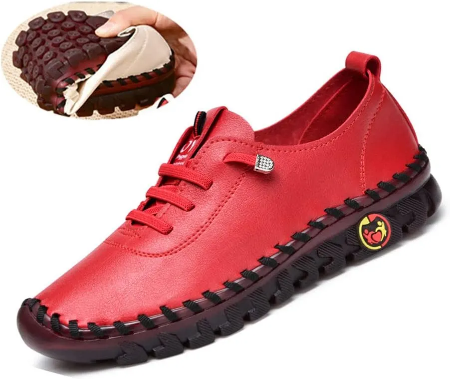 JishinGal Women's Slip on Loafers Round Toe Soft Leather Flat Shoes Comfortable Walking Shoes