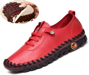 JishinGal Women's Slip on Loafers Round Toe Soft Leather Flat Shoes Comfortable Walking Shoes