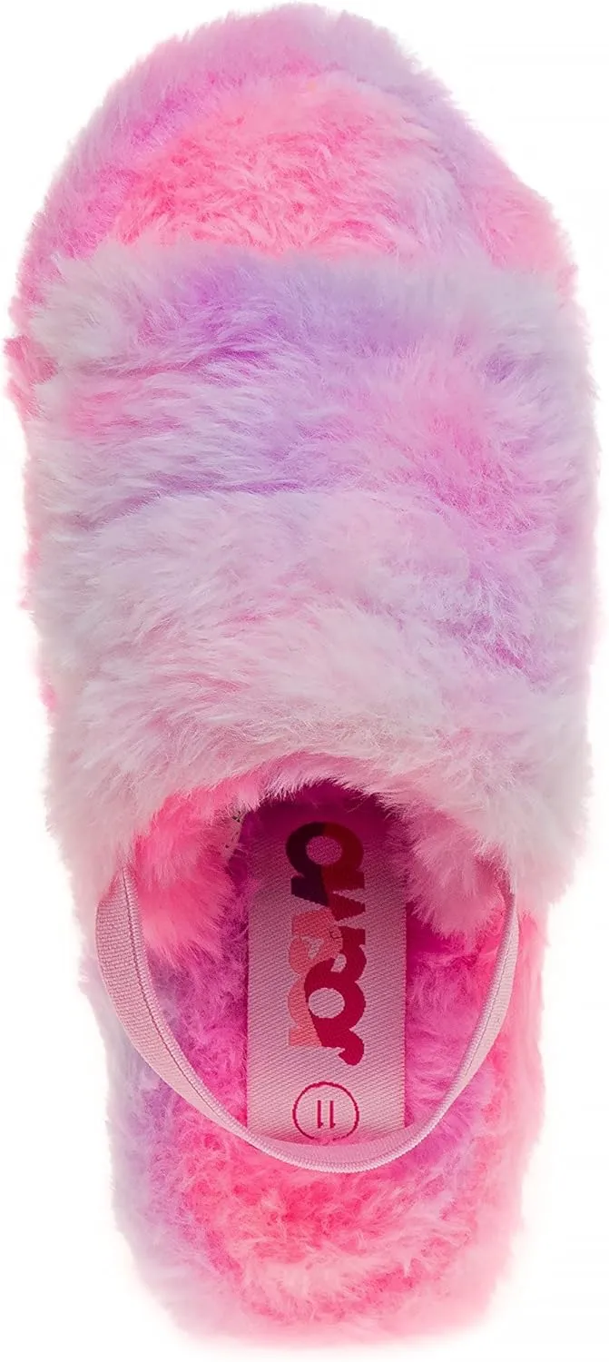 Josmo Girl's Fuzzy Furry Slippers-Soft and Cozy Faux Fur Open Toe Slide Sandals with Plush Fleece Toddler Kids Leopard Multi Pink Comfort House Shoes