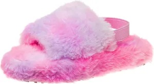 Josmo Girl's Fuzzy Furry Slippers-Soft and Cozy Faux Fur Open Toe Slide Sandals with Plush Fleece Toddler Kids Leopard Multi Pink Comfort House Shoes