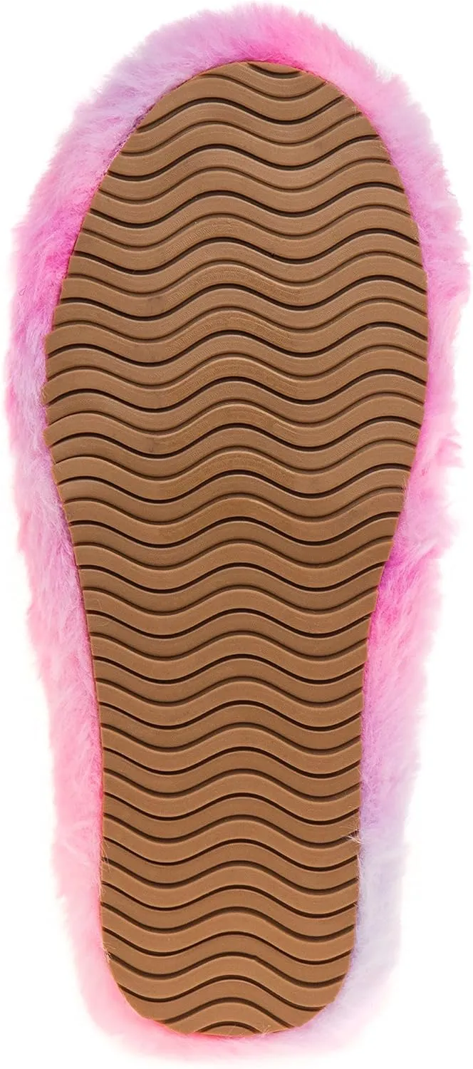 Josmo Girl's Fuzzy Furry Slippers-Soft and Cozy Faux Fur Open Toe Slide Sandals with Plush Fleece Toddler Kids Leopard Multi Pink Comfort House Shoes