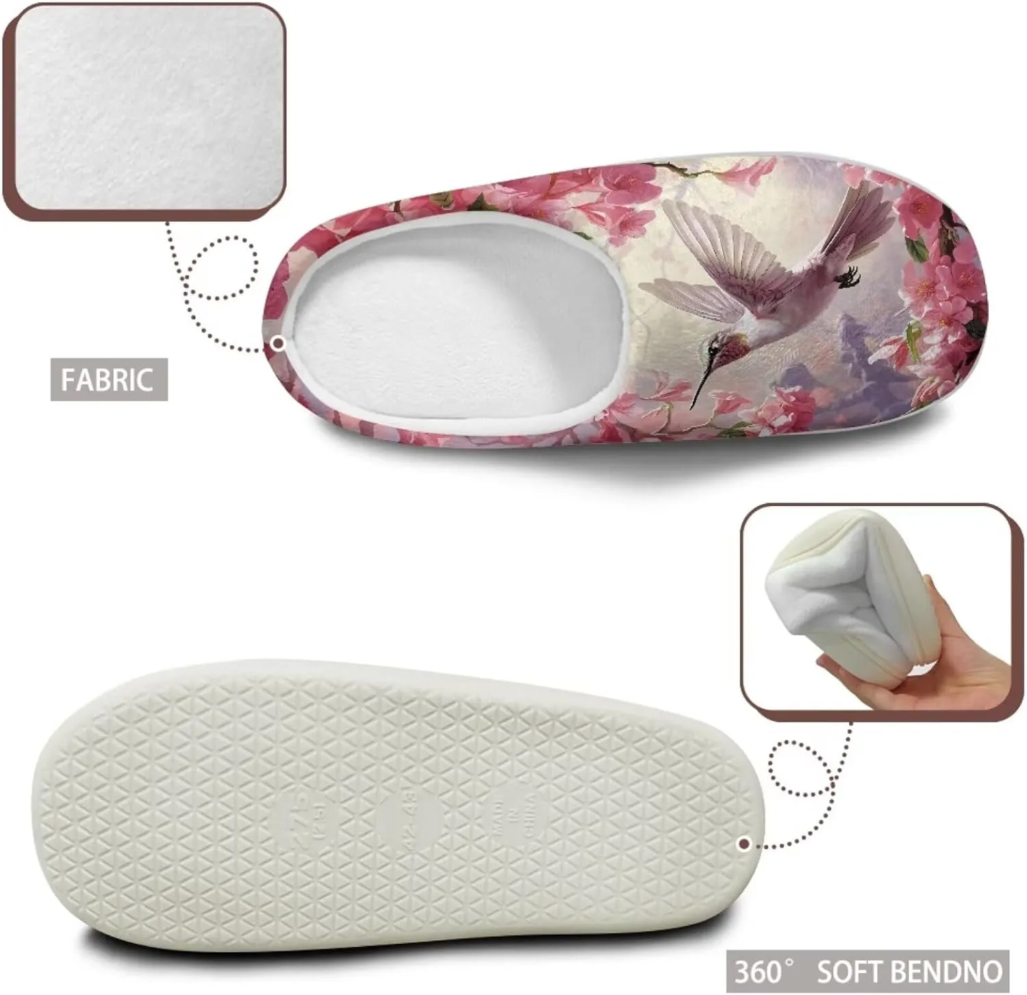 JoyLamoria Pink Hummingbird House Slipper Women Clog Slip On Winter Soft Thick Slipper Rubber Sole Garden Clogs