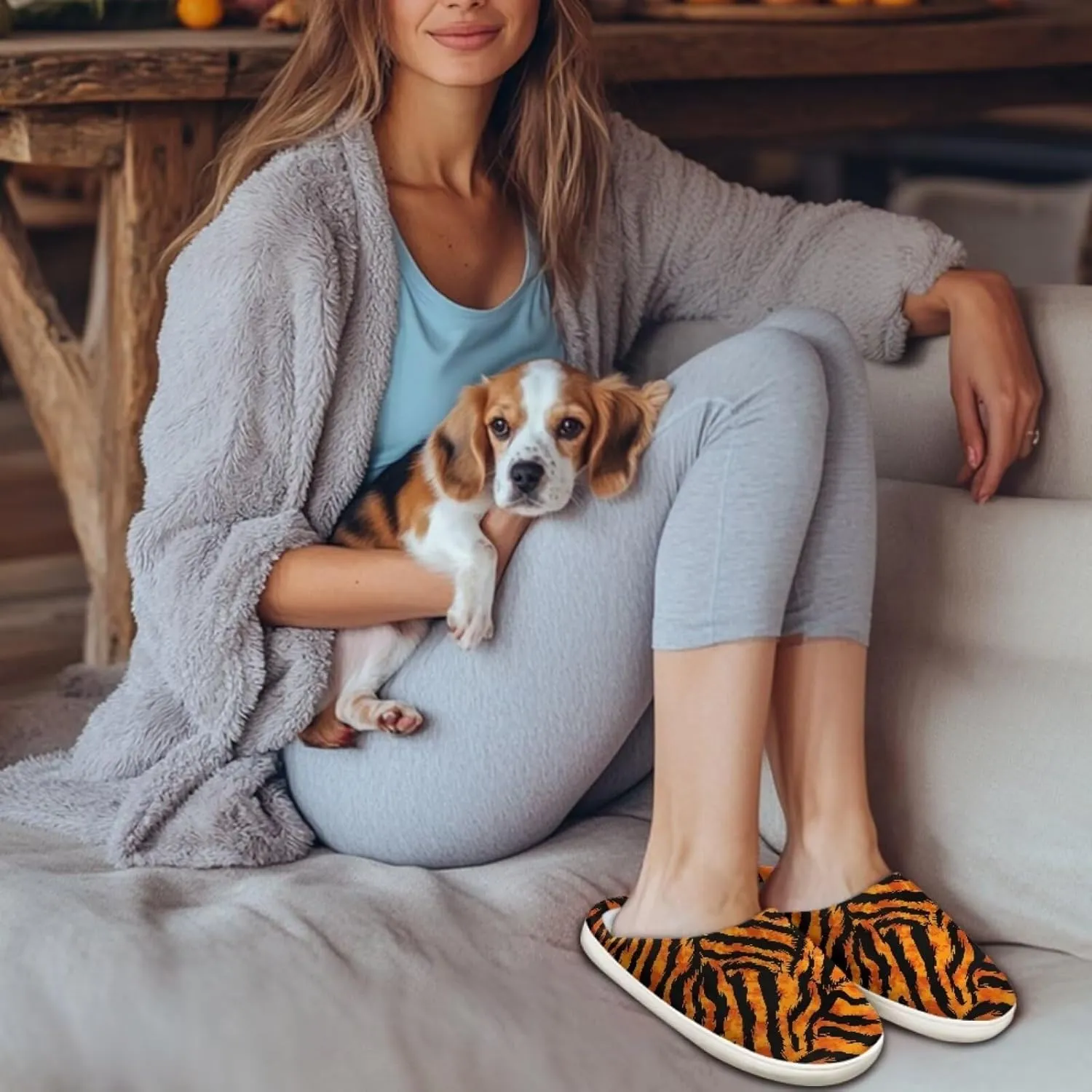 JoyLamoria Wild Tiger Stripe Print Memory Foam Fuzzy Slippers for Women,Womens slippers Platform EVA lightweight sole Warm Faux Fur Lined Suede house slippers for women