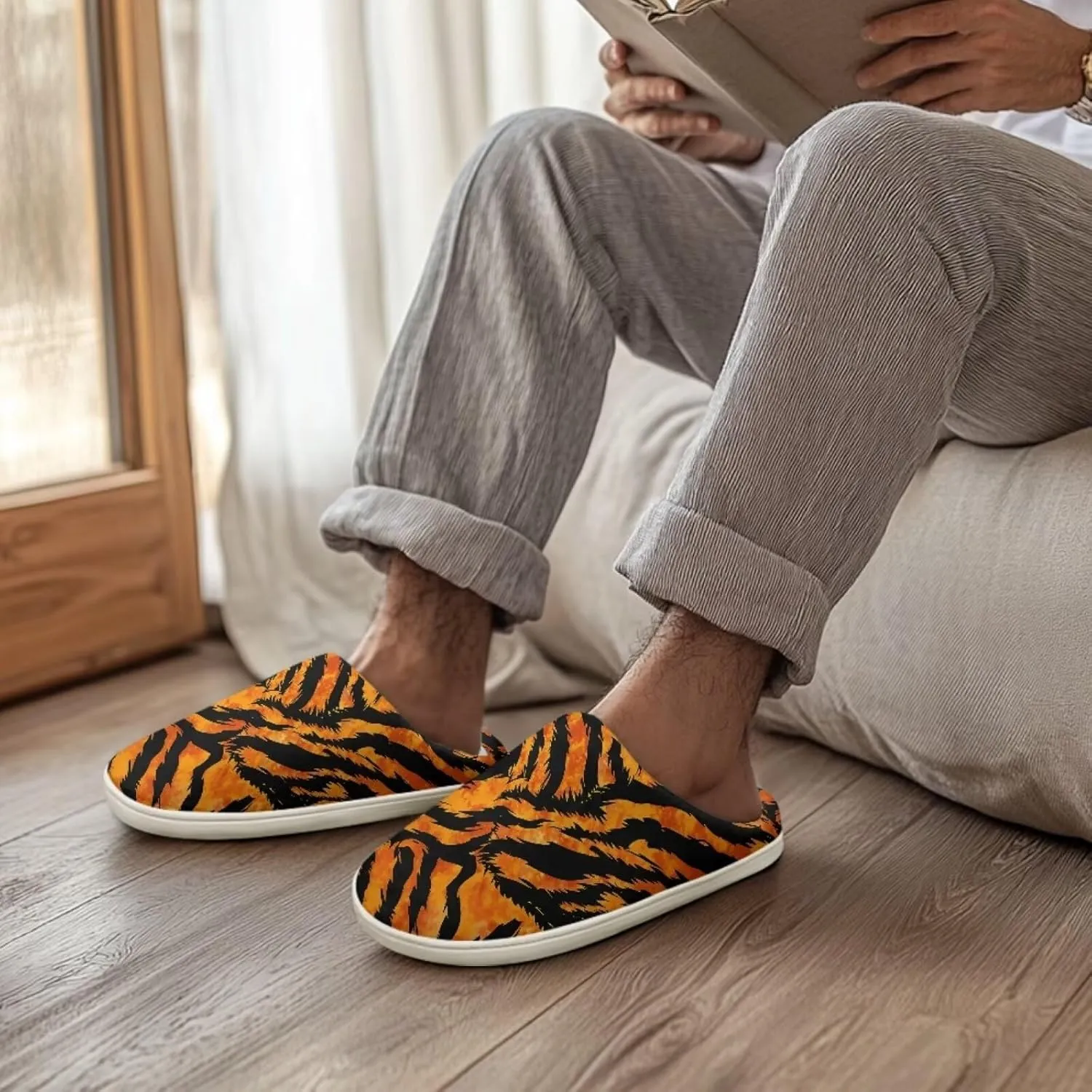 JoyLamoria Wild Tiger Stripe Print Memory Foam Fuzzy Slippers for Women,Womens slippers Platform EVA lightweight sole Warm Faux Fur Lined Suede house slippers for women