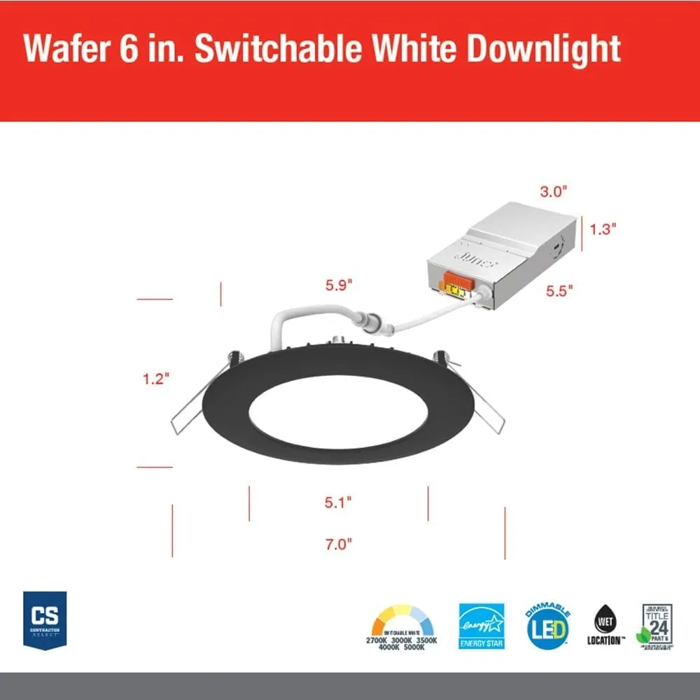Juno LED Recessed Lights 6 Inch Round Wafer Downlight, 5-in-1 Switchable White Color Temperature, 120 Volts, 6-Inch Ultra-Thin Flat Trim, Matte Black, 6-Pack (WF6 SWW5 90CRI CP6 MB M2)