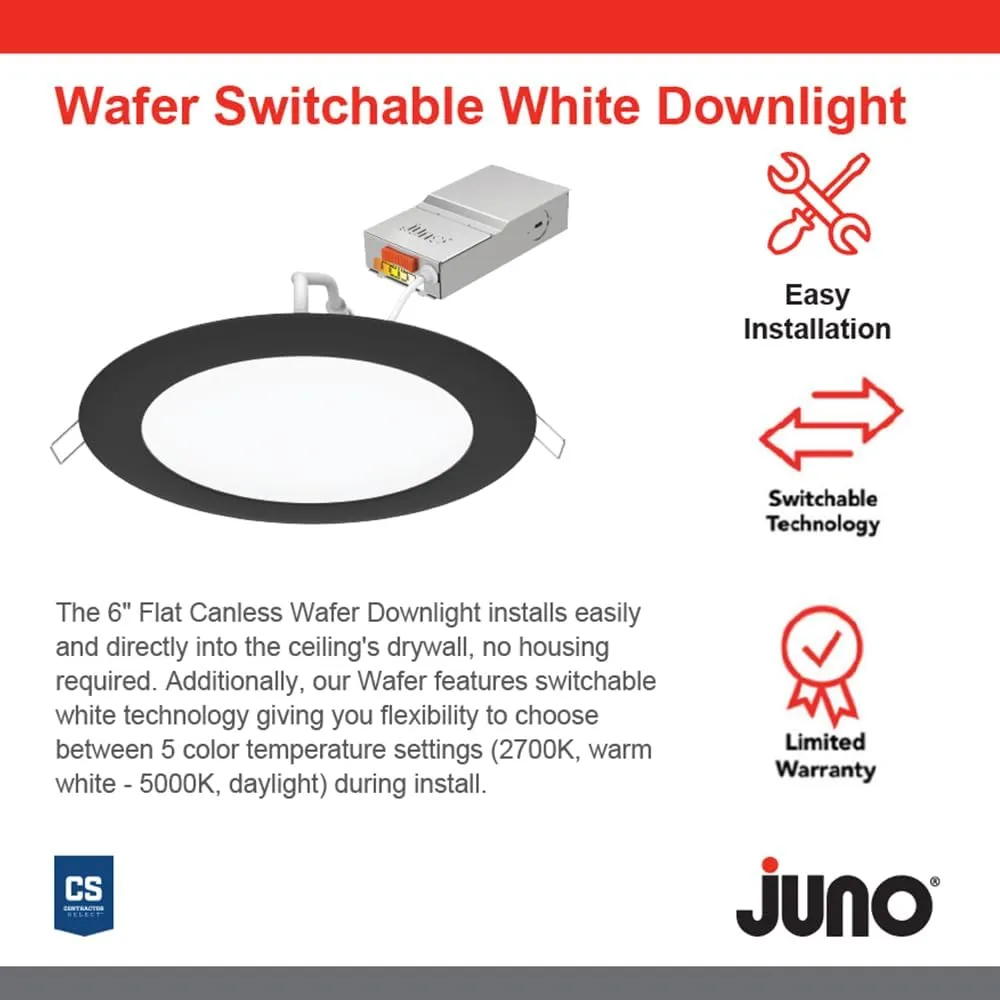 Juno LED Recessed Lights 6 Inch Round Wafer Downlight, 5-in-1 Switchable White Color Temperature, 120 Volts, 6-Inch Ultra-Thin Flat Trim, Matte Black, 6-Pack (WF6 SWW5 90CRI CP6 MB M2)