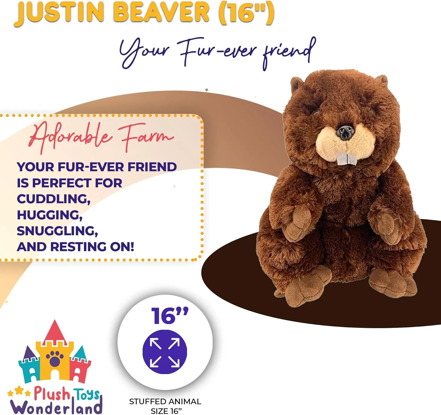 Justin Beaver Plush Toy - 16-Inch Soft Stuffed Animal for Kids Aged 3 and Up - Cuddly Beaver Plush for Wildlife Lovers and Imaginative Play