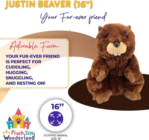 Justin Beaver Plush Toy - 16-Inch Soft Stuffed Animal for Kids Aged 3 and Up - Cuddly Beaver Plush for Wildlife Lovers and Imaginative Play