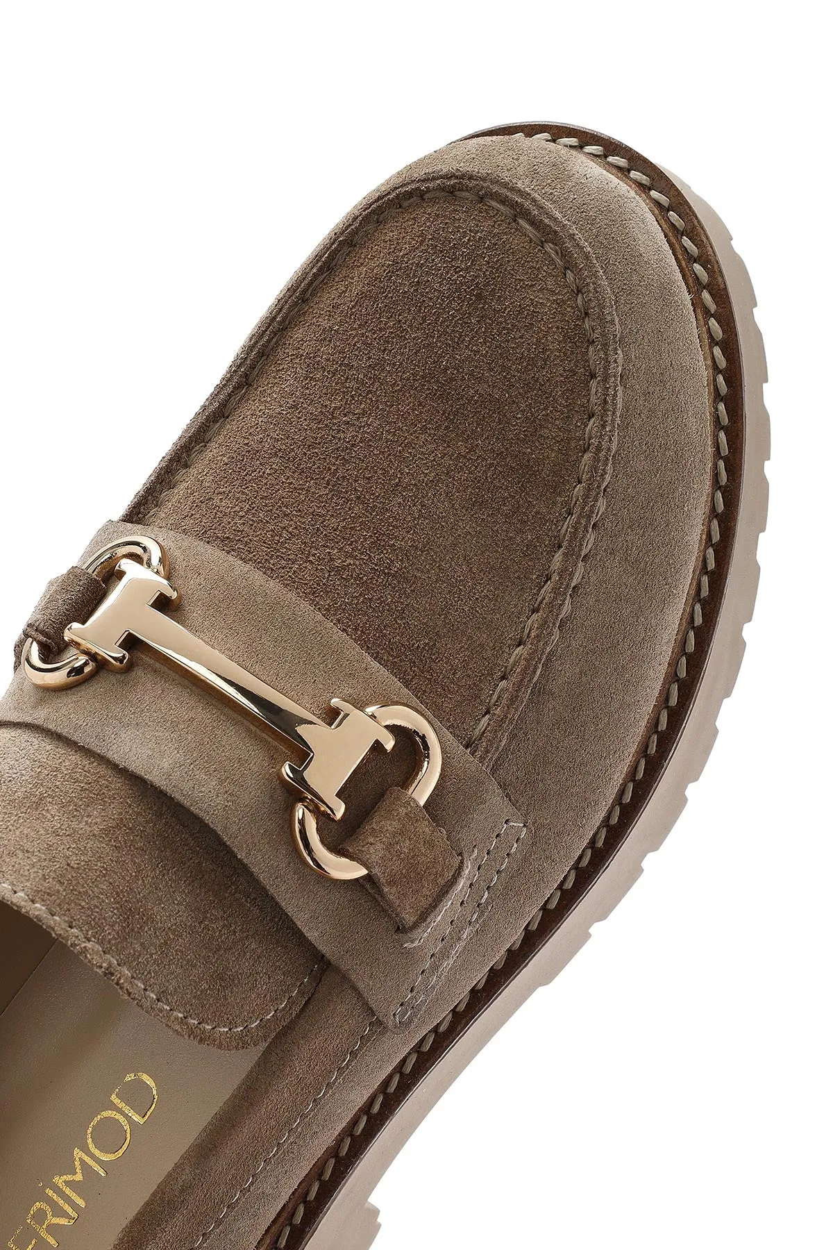 Kadın Bej Kalın Tabanlı Aksesuarlı Süet Deri Maskülen Loafer