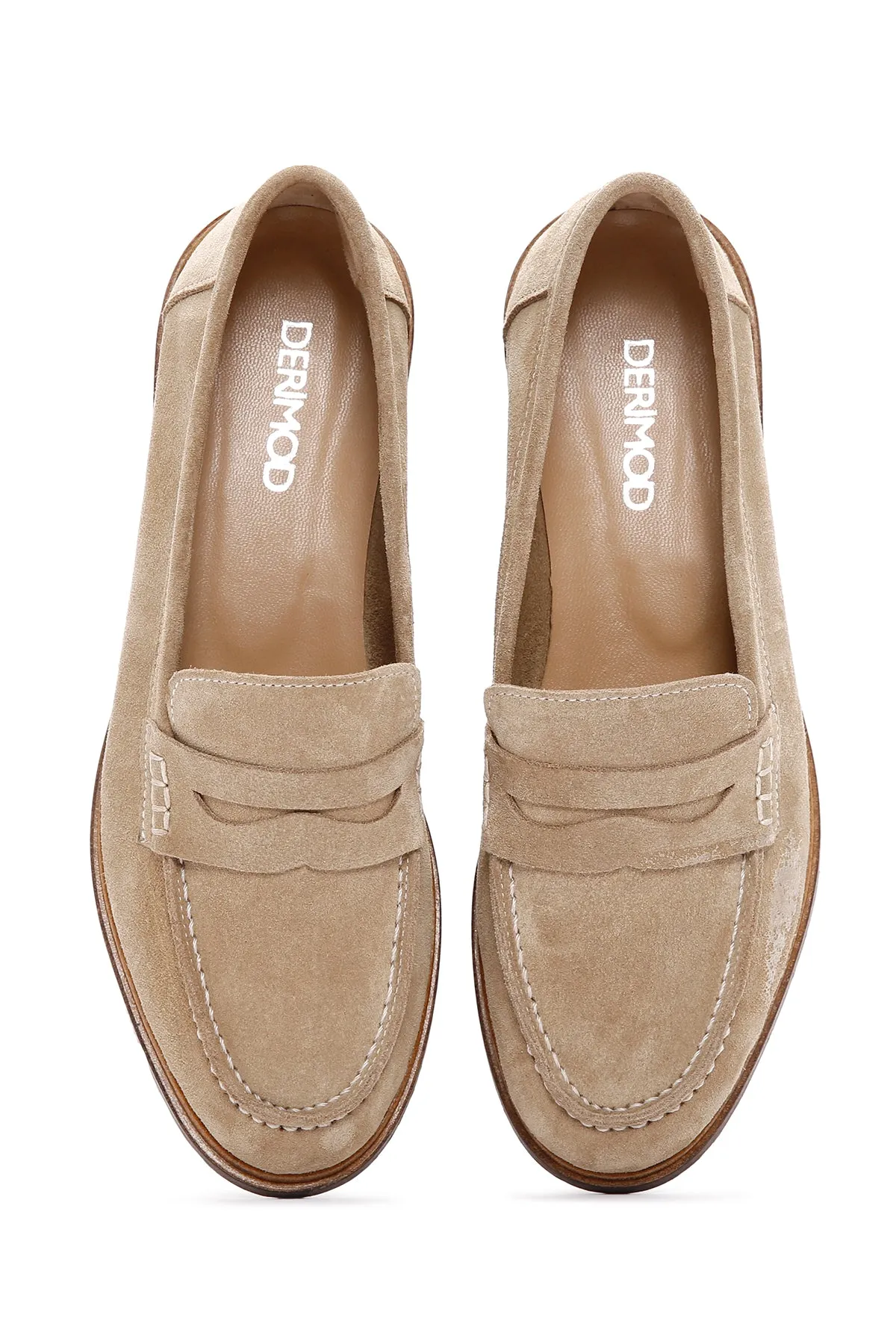 Kadın Bej Süet Deri Maskülen Loafer