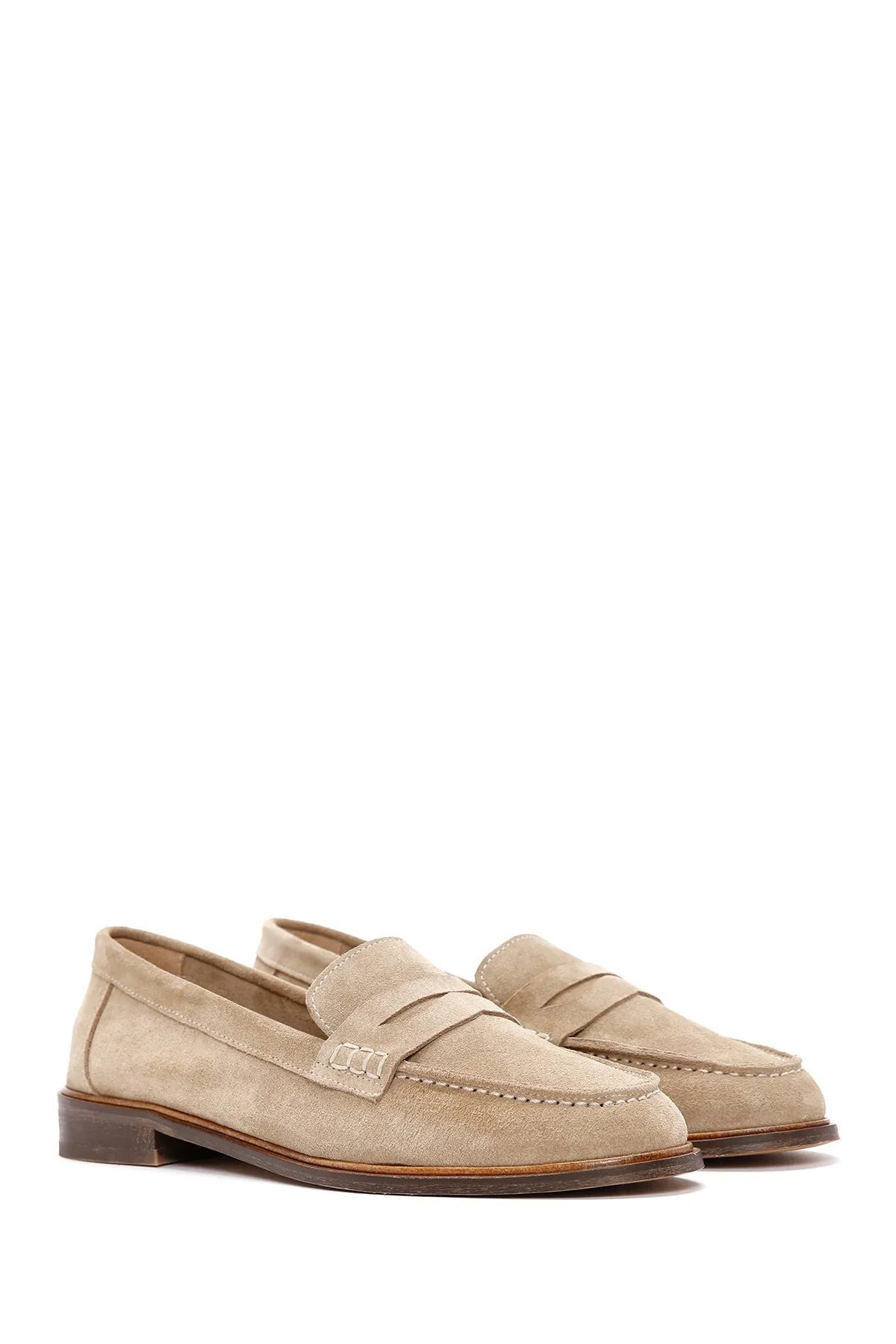 Kadın Bej Süet Deri Maskülen Loafer