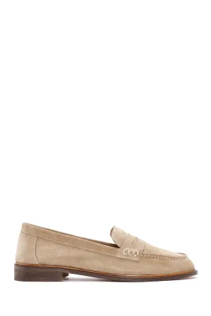 Kadın Bej Süet Deri Maskülen Loafer