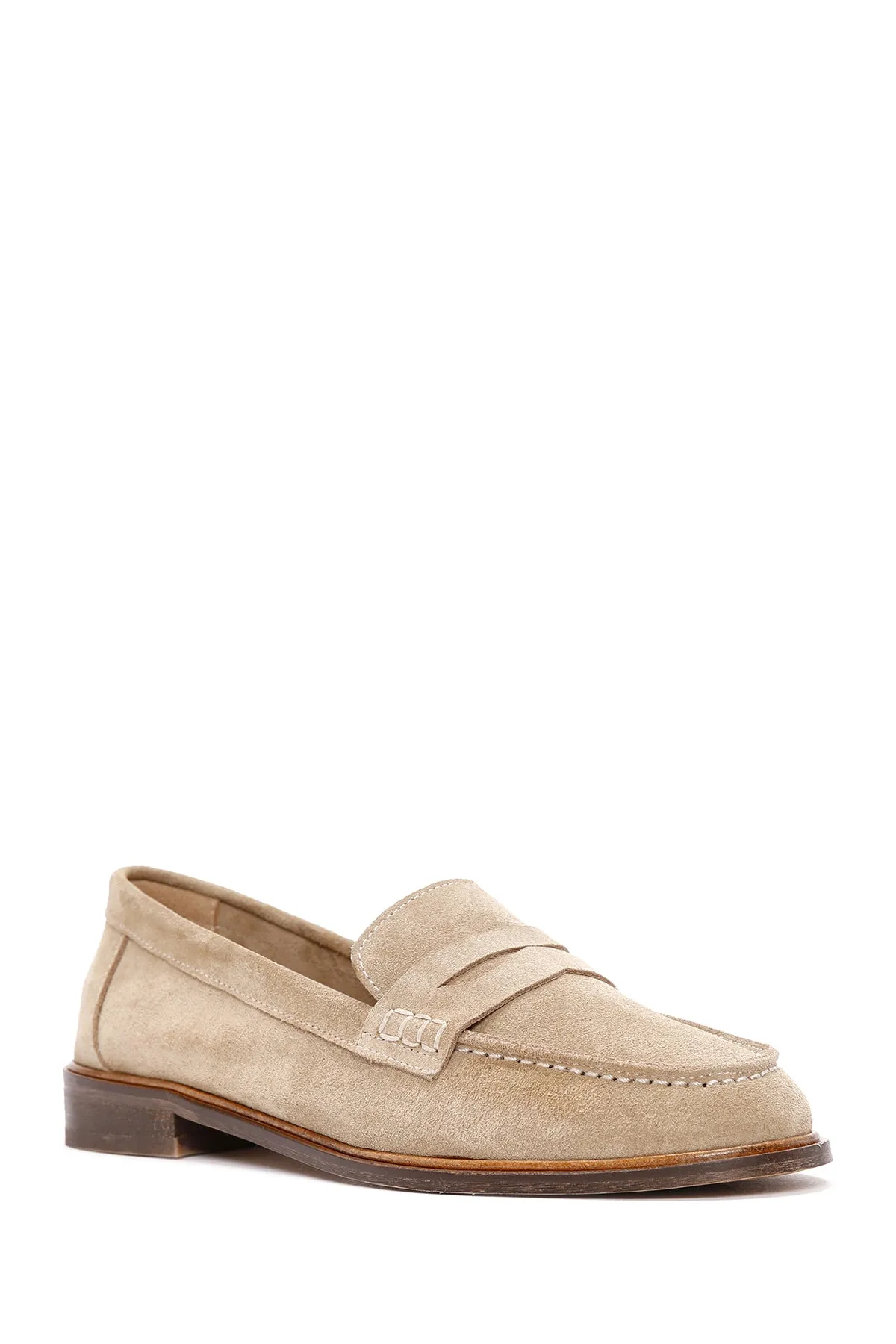 Kadın Bej Süet Deri Maskülen Loafer