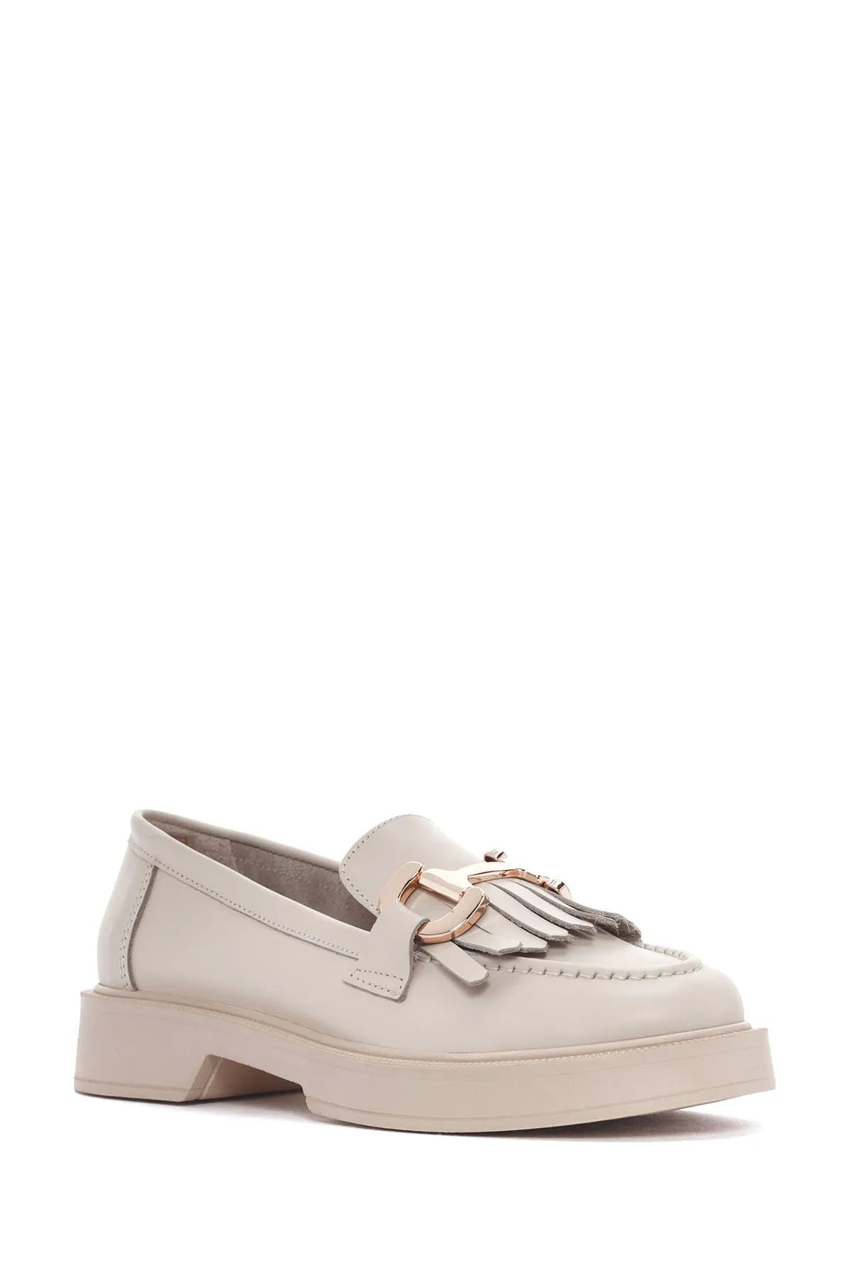 Kadın Krem Püsküllü Deri Casual Loafer