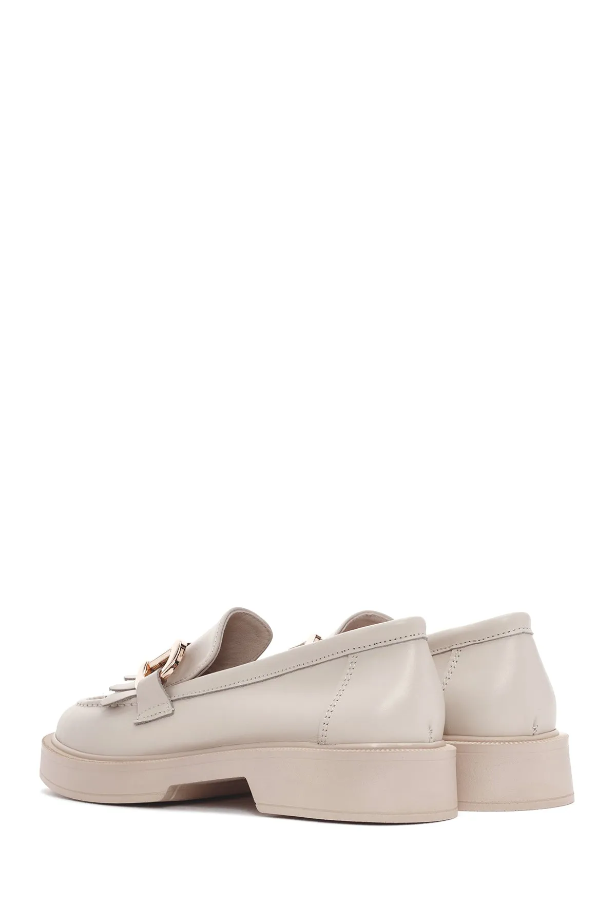 Kadın Krem Püsküllü Deri Casual Loafer