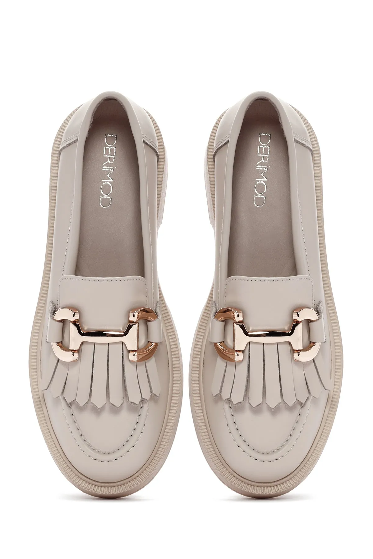 Kadın Krem Püsküllü Deri Casual Loafer