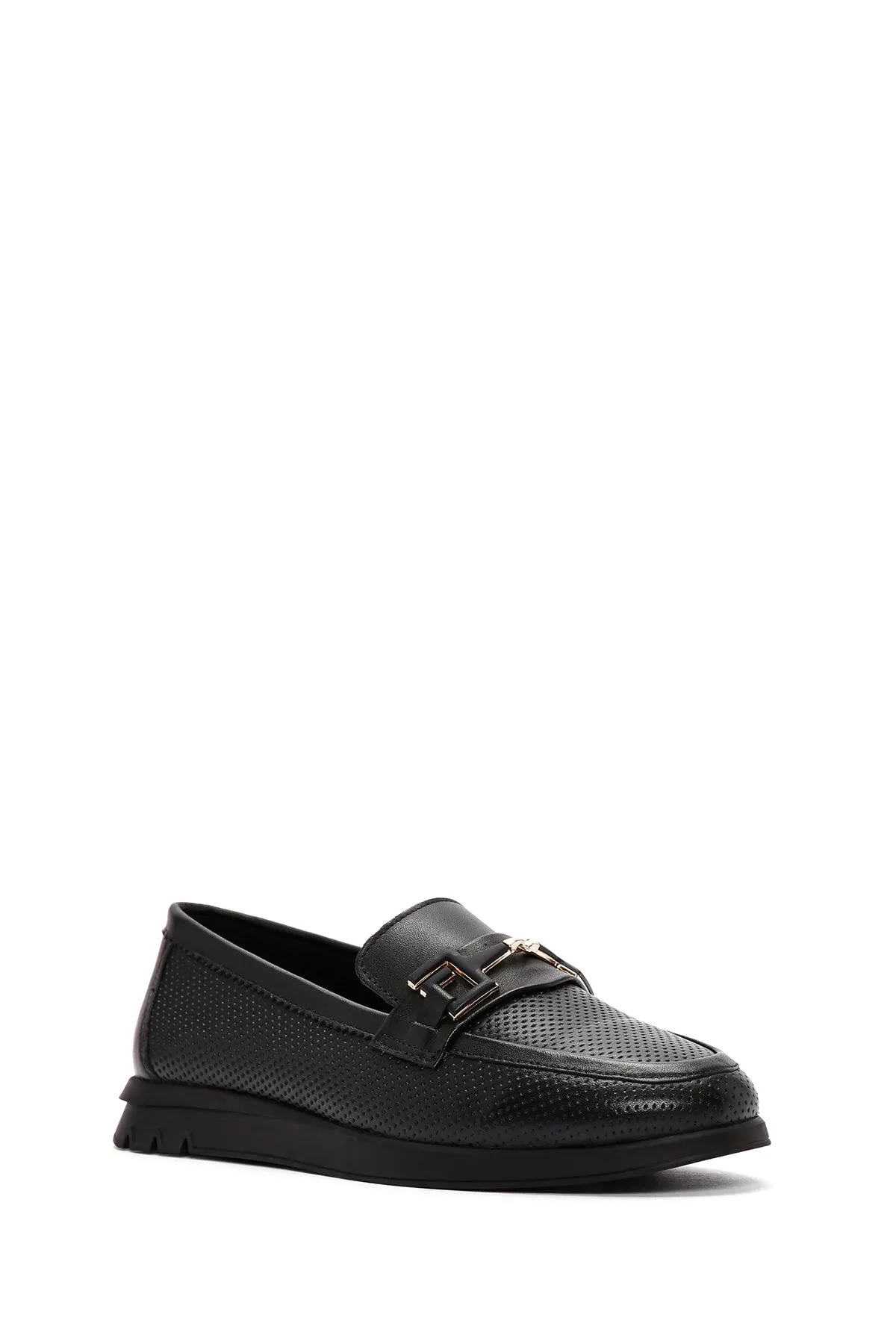Kadın Siyah Tokalı Deri Comfort Loafer