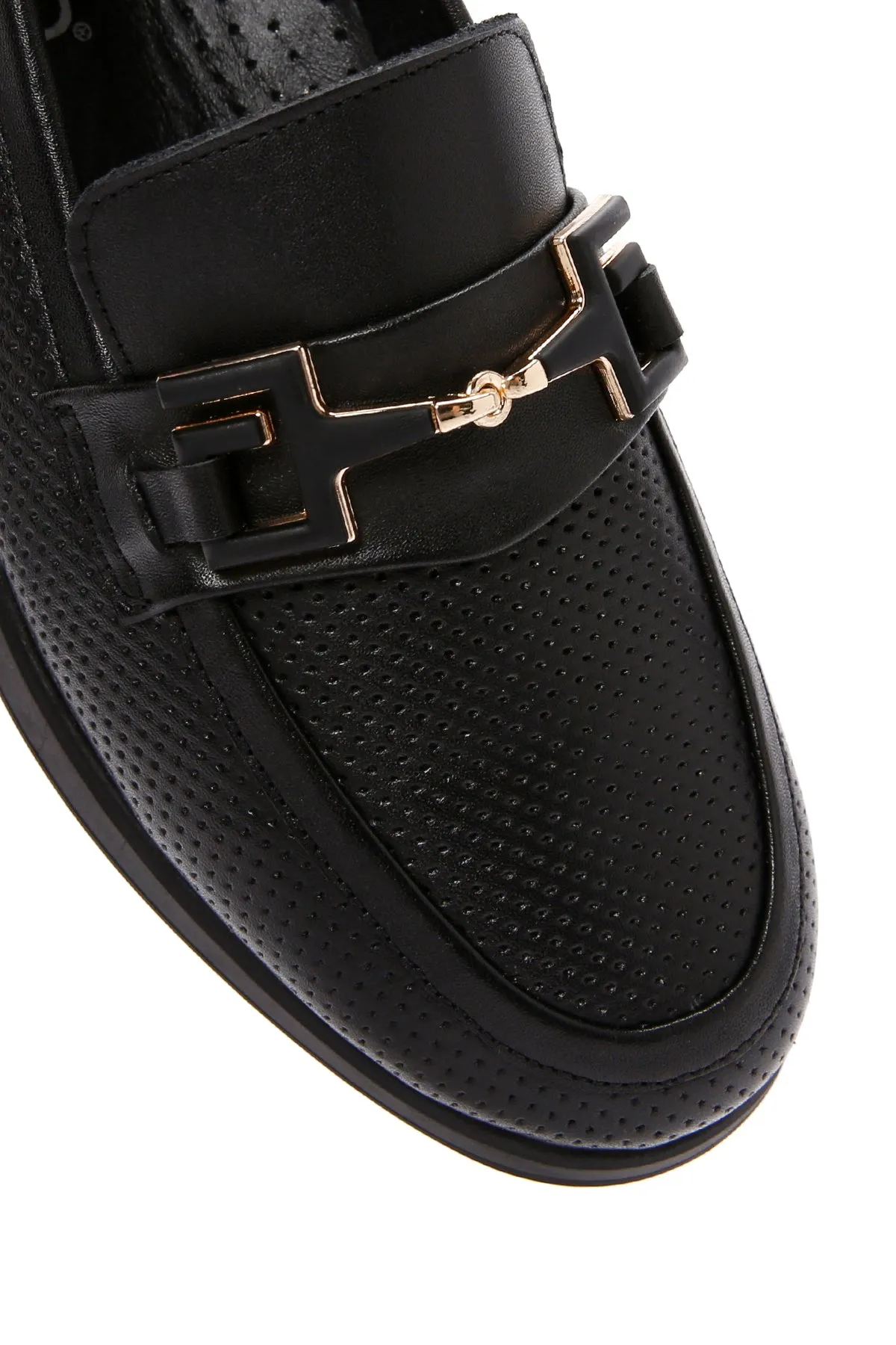 Kadın Siyah Tokalı Deri Comfort Loafer
