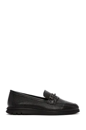 Kadın Siyah Tokalı Deri Comfort Loafer