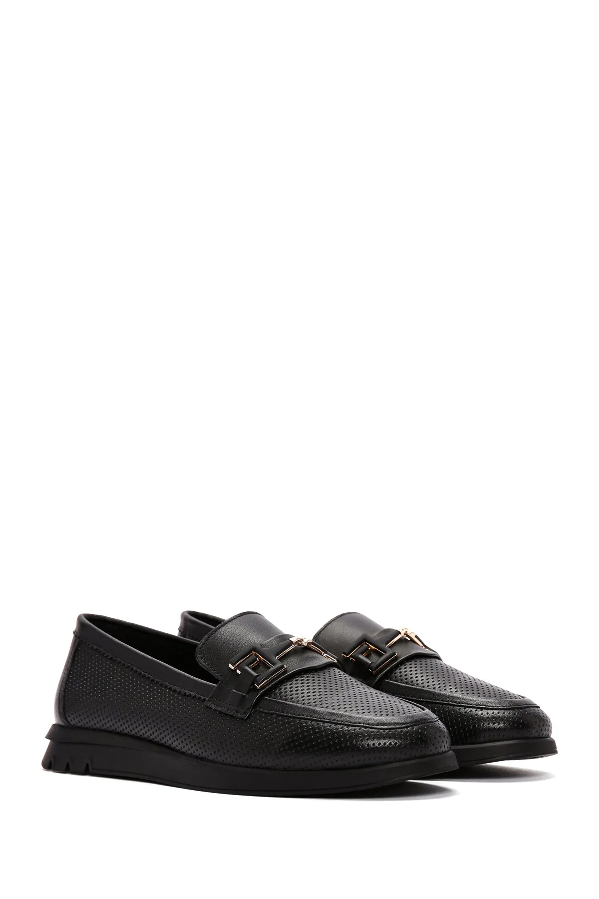 Kadın Siyah Tokalı Deri Comfort Loafer