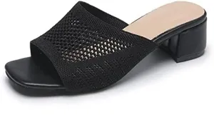 KCTRFSJ Women's Knit Mesh Slip On Block Heeled Mule Sandals Fashion Square Toe Comfort Casual Beach Low Chunky Heels Open Toe Walking Slide Sandals