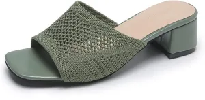 KCTRFSJ Women's Knit Mesh Slip On Block Heeled Mule Sandals Fashion Square Toe Comfort Casual Beach Low Chunky Heels Open Toe Walking Slide Sandals