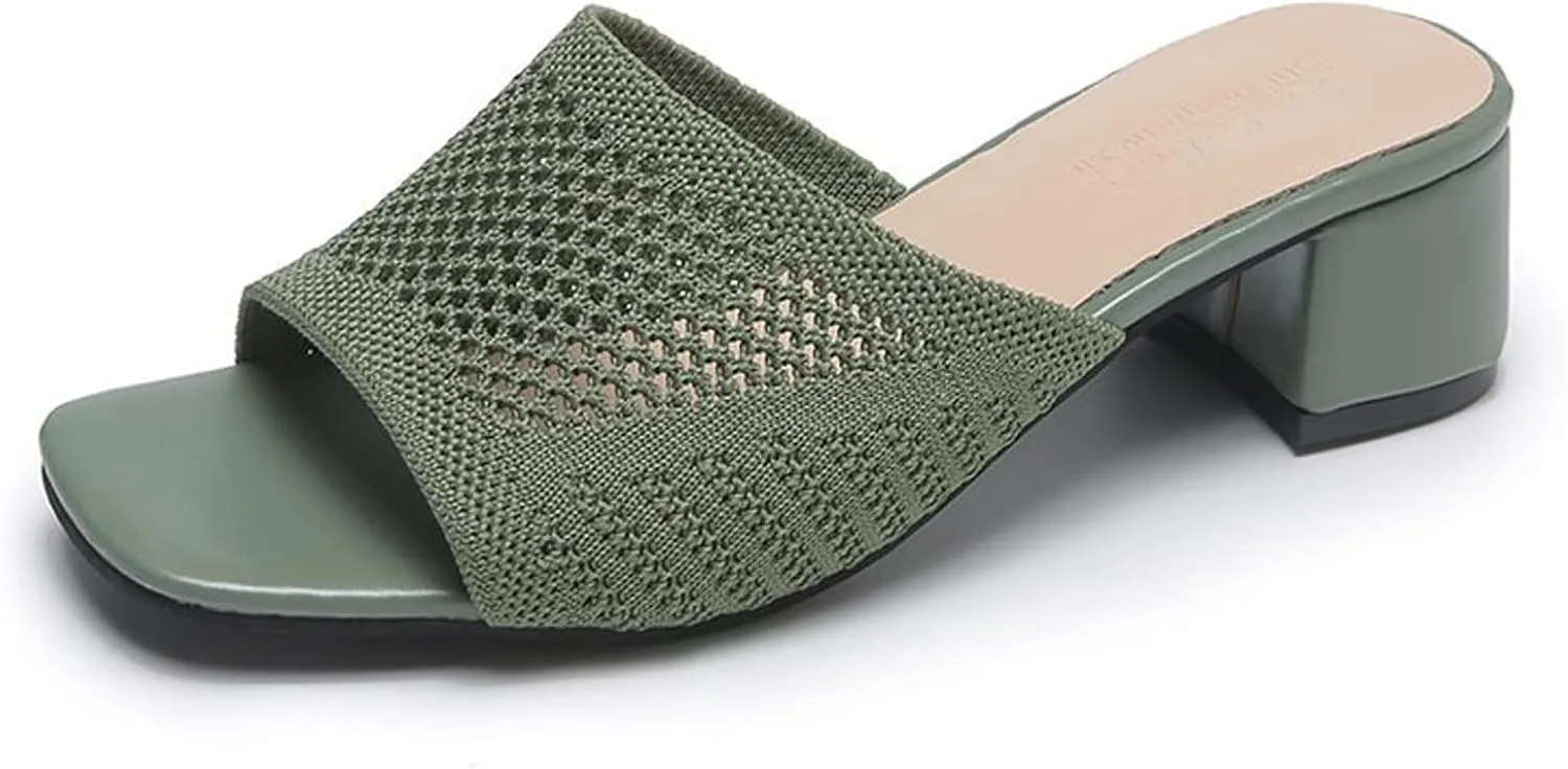 KCTRFSJ Women's Knit Mesh Slip On Block Heeled Mule Sandals Fashion Square Toe Comfort Casual Beach Low Chunky Heels Open Toe Walking Slide Sandals