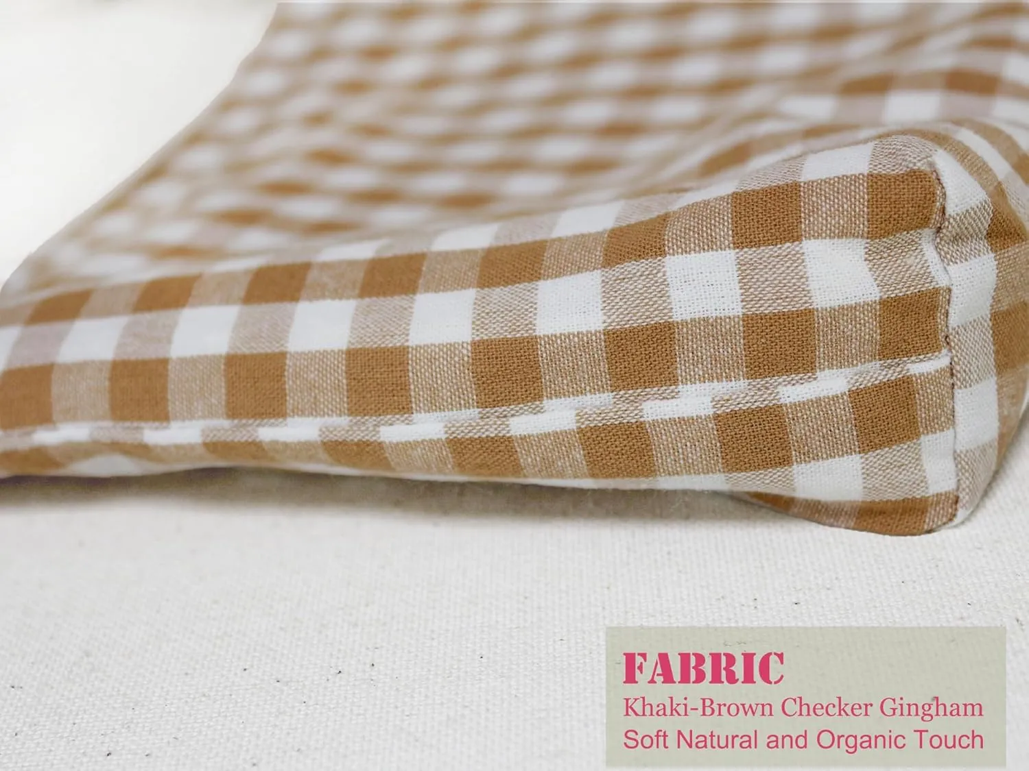 Khaki Gingham Cotton Makeup Bag Cosmetic Travel Pouch with Bottom, Make Up Purse Organizer, Zipper Closure, Canvas Lined…