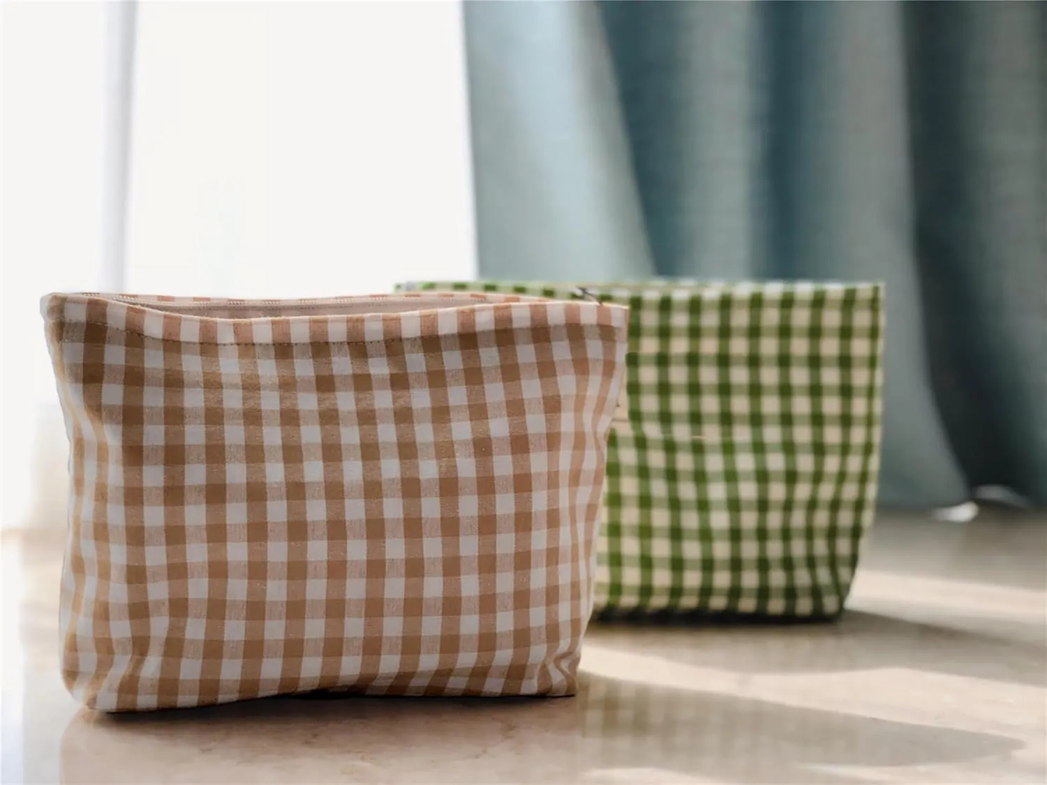 Khaki Gingham Cotton Makeup Bag Cosmetic Travel Pouch with Bottom, Make Up Purse Organizer, Zipper Closure, Canvas Lined…
