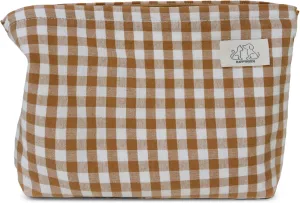 Khaki Gingham Cotton Makeup Bag Cosmetic Travel Pouch with Bottom, Make Up Purse Organizer, Zipper Closure, Canvas Lined…