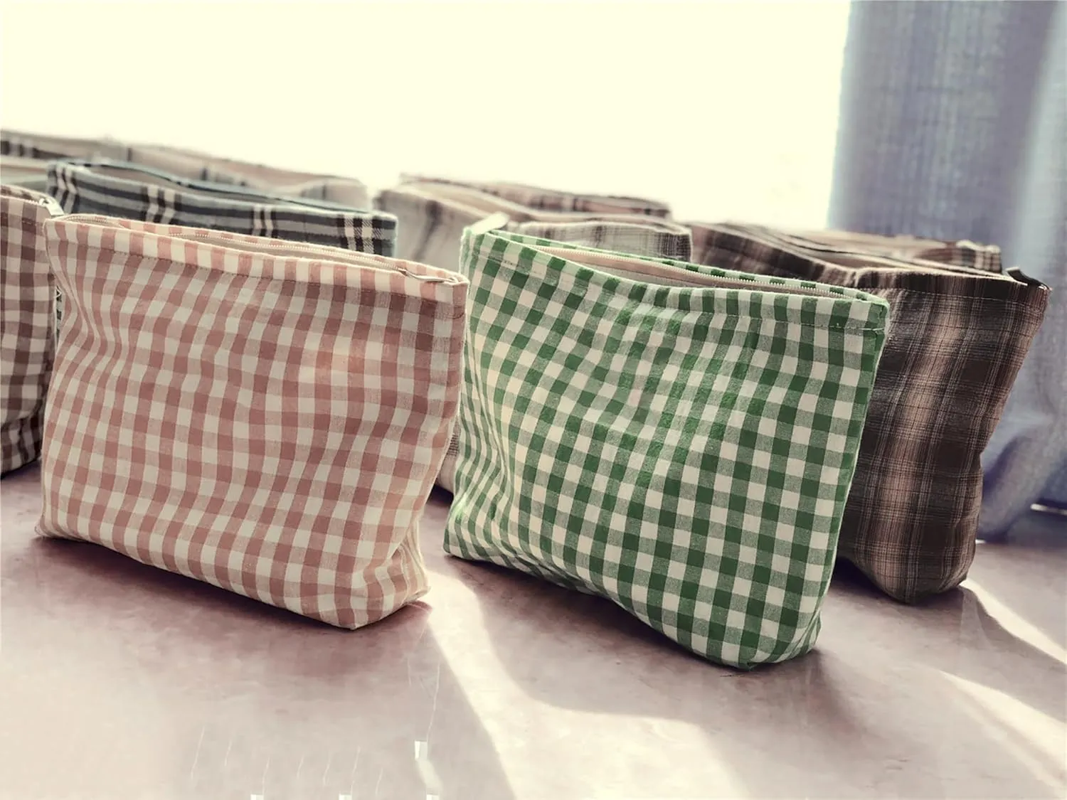 Khaki Gingham Cotton Makeup Bag Cosmetic Travel Pouch with Bottom, Make Up Purse Organizer, Zipper Closure, Canvas Lined…
