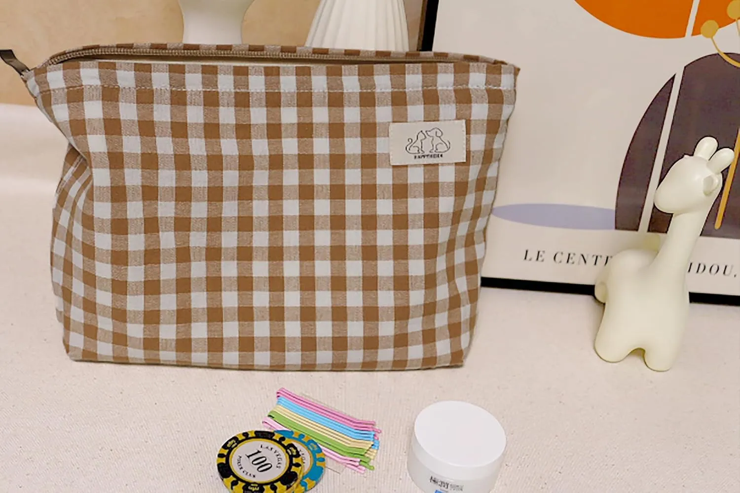 Khaki Gingham Cotton Makeup Bag Cosmetic Travel Pouch with Bottom, Make Up Purse Organizer, Zipper Closure, Canvas Lined…